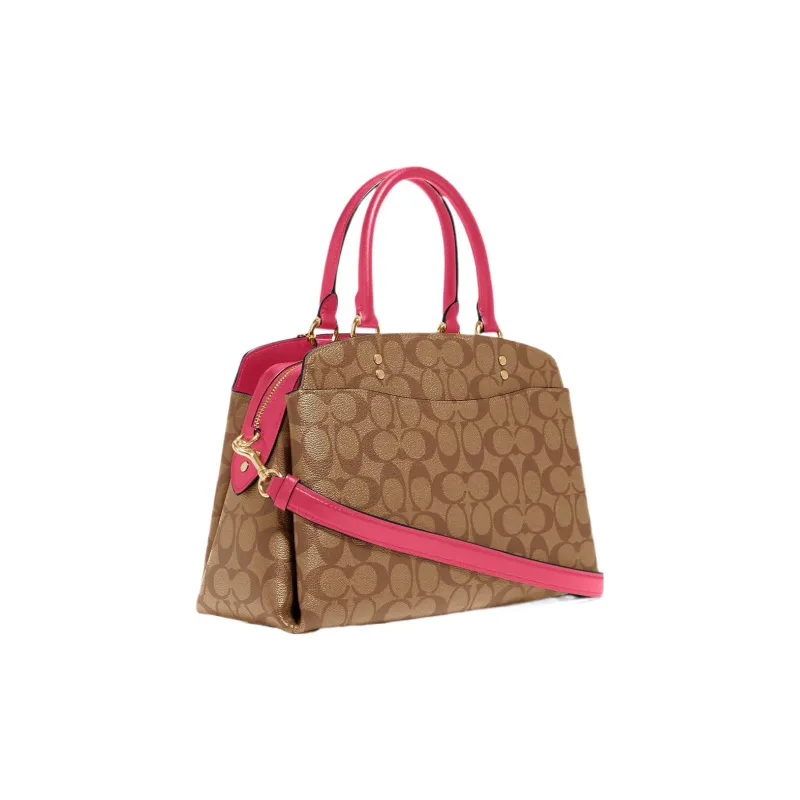 COACH Lillie Canvas With Leather One Shoulder Crossbody Bag Crossbody Bag Handbag Large Size Women's Khaki & Rose Red-1