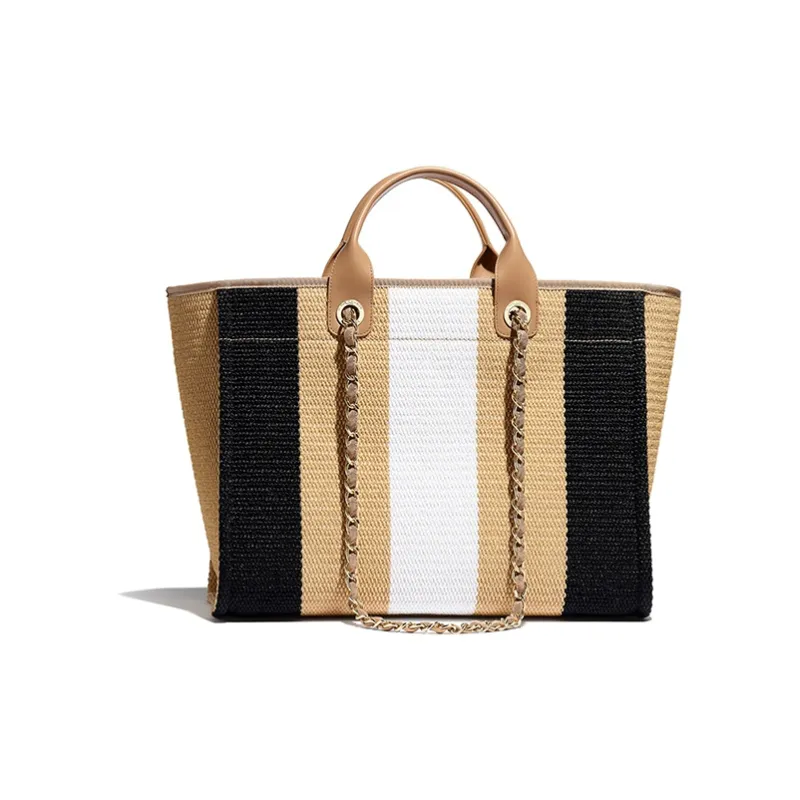 CHANEL Viscose Cotton Calfskin Beach Bag, One Shoulder Handbag Women's Beige Black-1