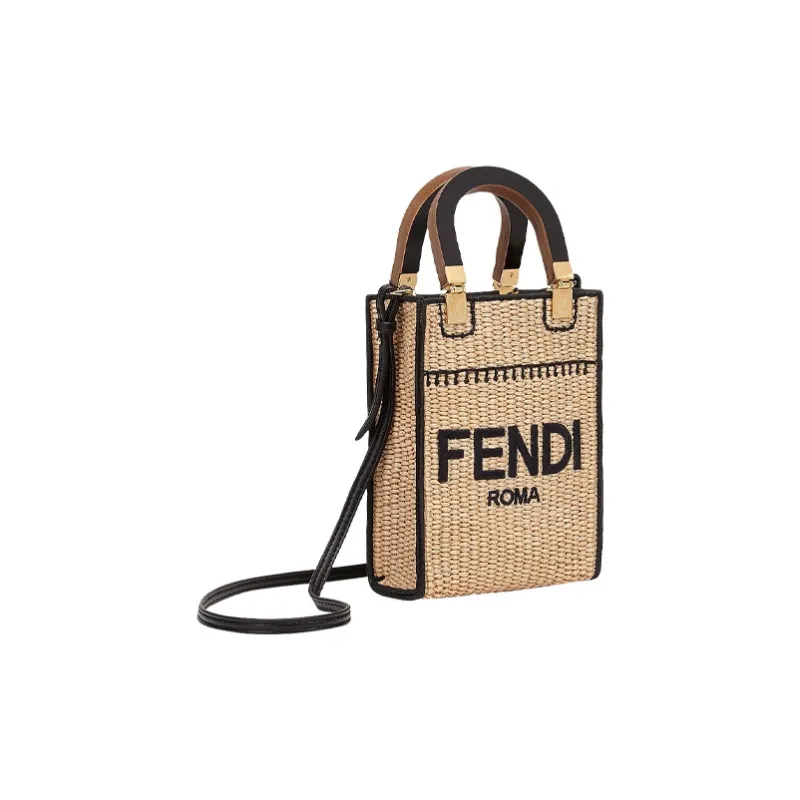FENDI Sunshine Straw Cow Leather Tote Bag Shoulder Bag Crossbody Bag Handbag Mini Women's Khaki-1