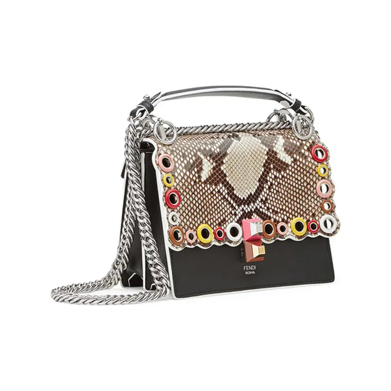 FENDI Kan I Snakeskin Print Leather Chain Shoulder Bag Crossbody Bag Small Size Women's Black-1