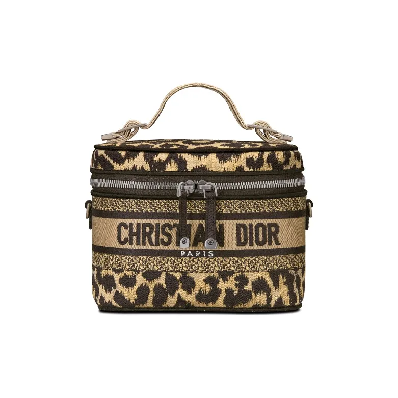 DIOR Embroidery Makeup Bag Toiletry Bag Travel Storage Bag Handbag Clutch Small Size Women's Brown-0