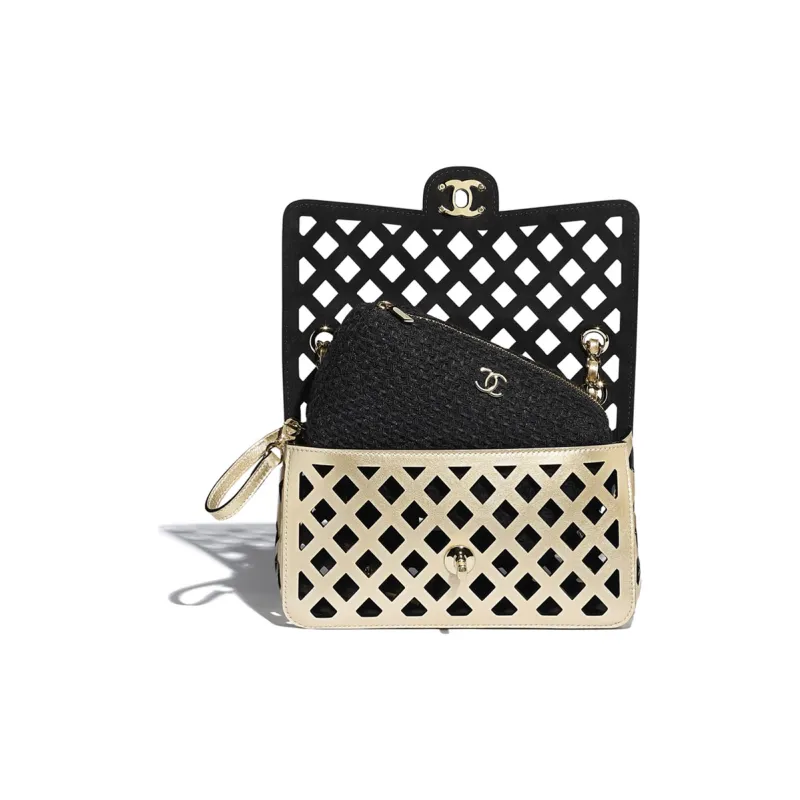 CHANEL Classic Flap CF Calfskin & Print Fabric & Metal Crossbody Bag, Shoulder Bag Women's Gold-2