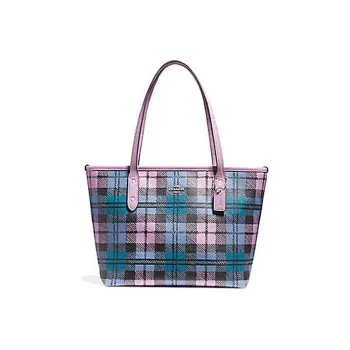 COACH City Zip Tote Coated Canvas Shoulder Bag Small Size Women's Purple Blue Plaid