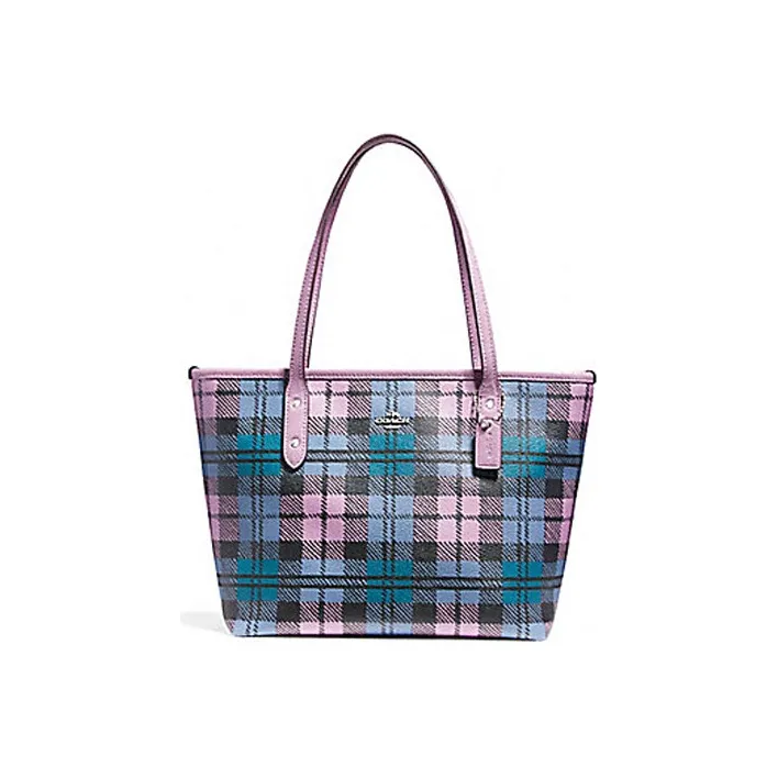 COACH City Zip Tote Coated Canvas Shoulder Bag Small Size Women's Purple Blue Plaid-0