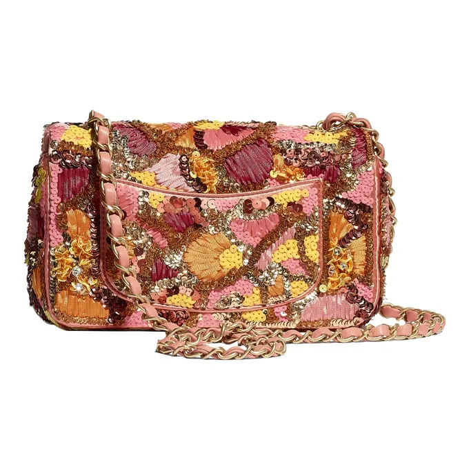 CHANEL Sequins Floral Tweed Glass Pearl Crossbody Bag, Shoulder Bag Mini Women's Pink Orange-1