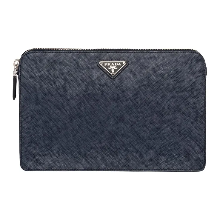 PRADA Saffiano Leather Clutch Men's Blue-0