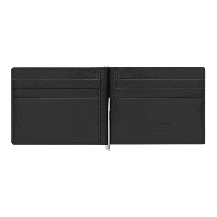 SAINT LAURENT Paris Bill Clip Wallet In Grain De Poudre Embossed Leather Black-3