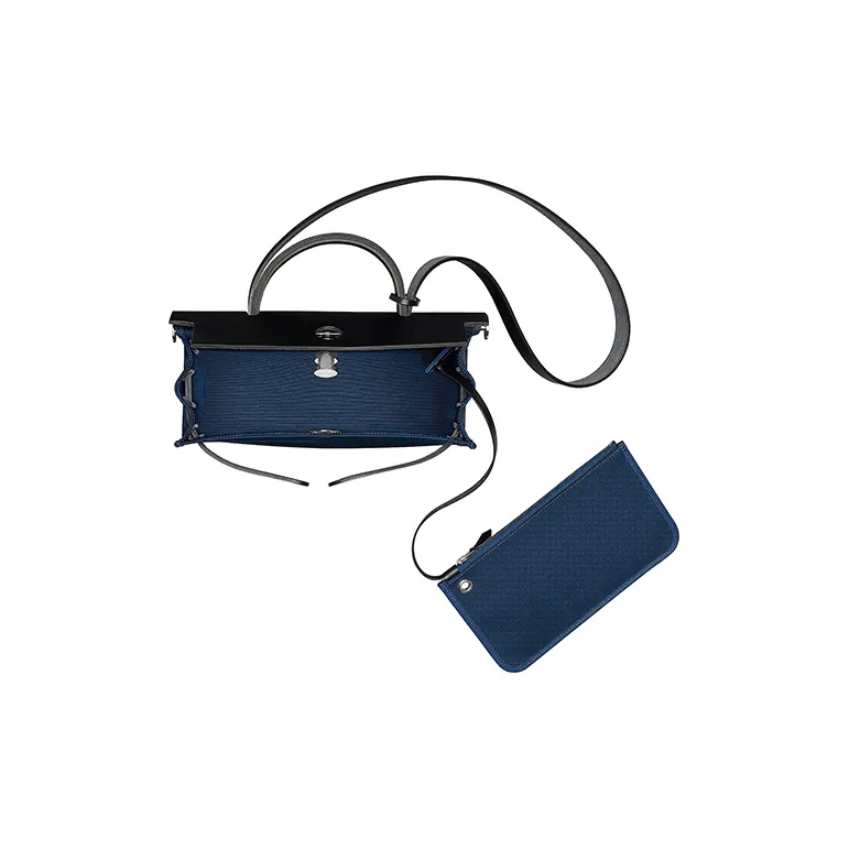 HERMES Herbag Canvas With Hunter Cow Leather Handbag Shoulder Bag Crossbody Bag Women's Malta Blue/Black-3