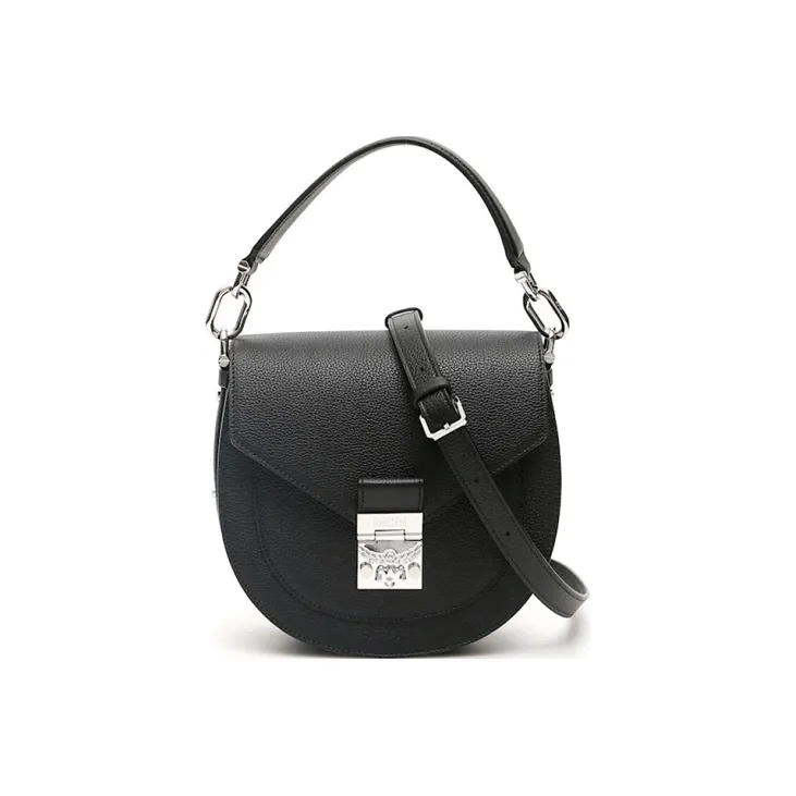 MCM Patricia Visetos Leather Saddle Bag, Shoulder Bag, Crossbody Bag, Handbag Small Size Women's Black-0