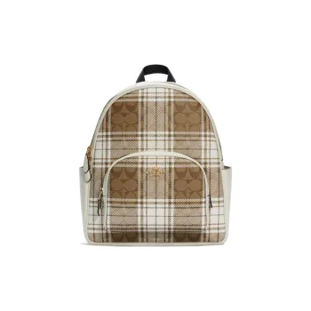 COACH Court Canvas With Leather Backpack Medium Size Women's Khaki & White