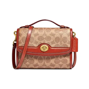COACH Kip Canvas With Leather Shoulder Bag Crossbody Bag Handbags Small Size Women's Red Brown