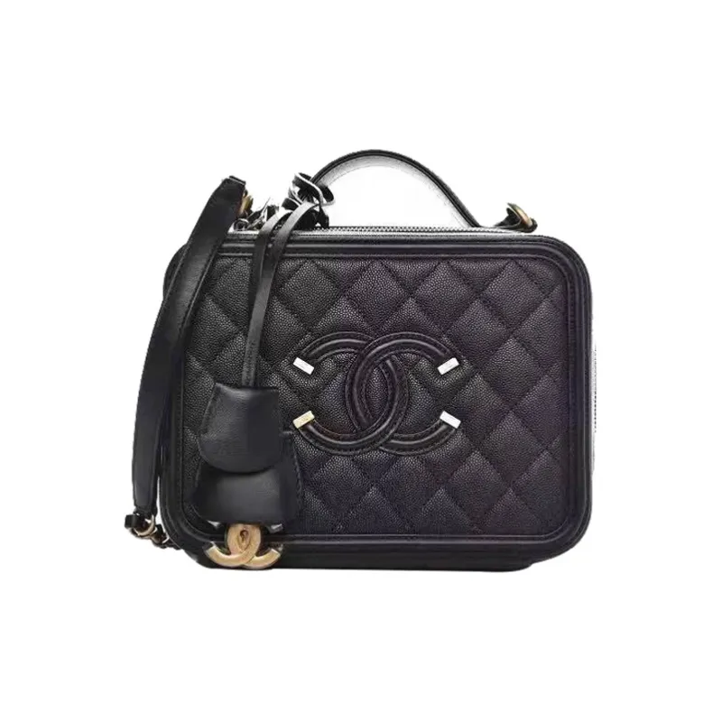 CHANEL Calfskin And Metal Makeup Bag, Box Shaped Bag, Shoulder Bag, Crossbody Bag, Handbag Women's Black-0