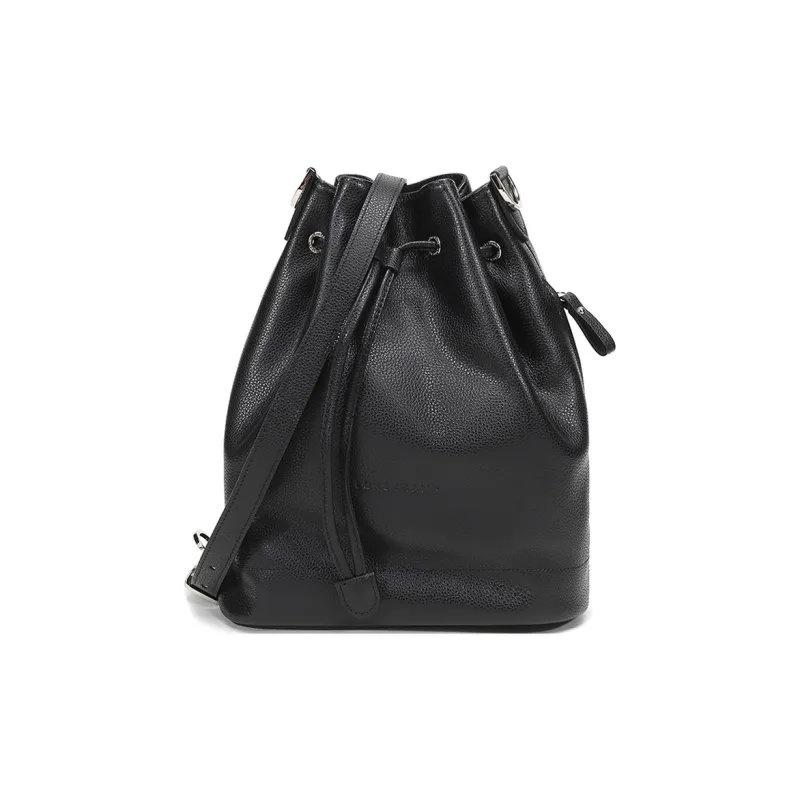 LONGCHAMP Le Foulonné Cow Leather Bucket Bags Crossbody Bag, Shoulder Bag Medium Size Women's Black-0