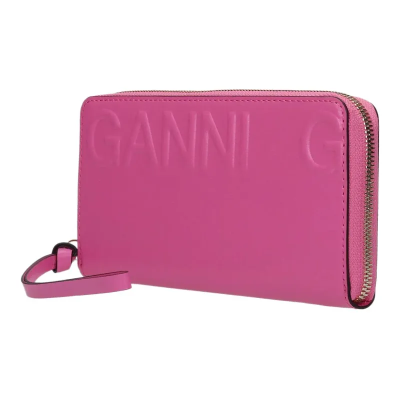 GANNI Leather Zip Closure Wallet Women's Pink-1