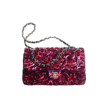 CHANEL Classic Flap CF21K Winter Embroidered Satin Shiny Shoulder Bag Crossbody Bag Handbag Women's Pink Navy