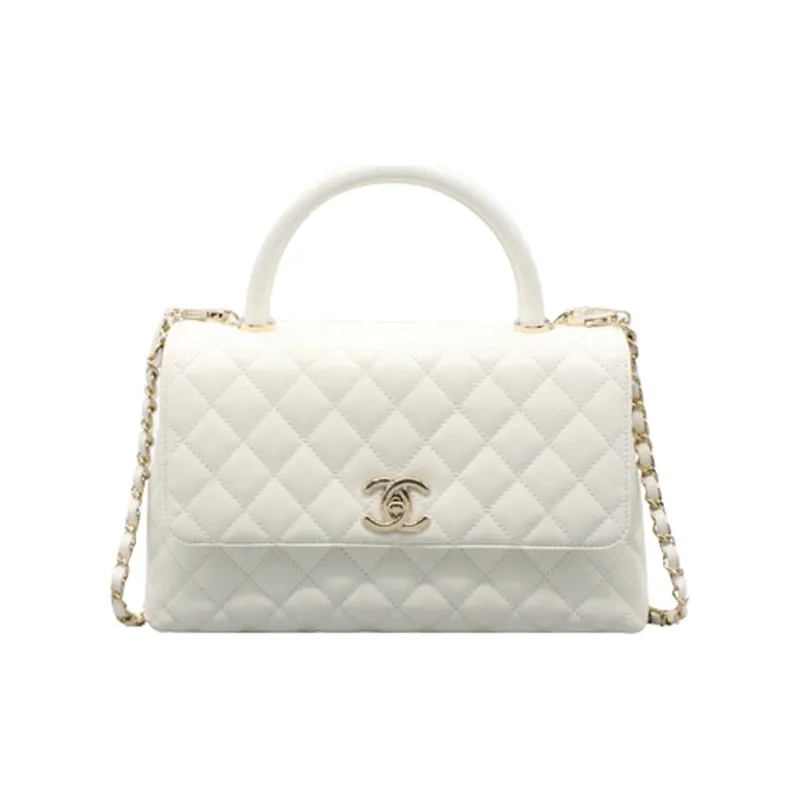 CHANEL Coco Handle Grain Embossed Calfskin Chain Bag, One Shoulder Handbag Women's White-0