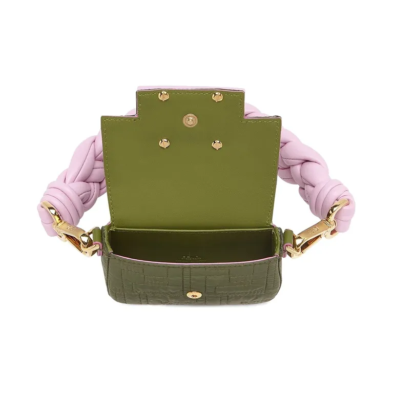 FENDI Baguette Lambskin With Nylon Handbag Women's Green/Pink-3