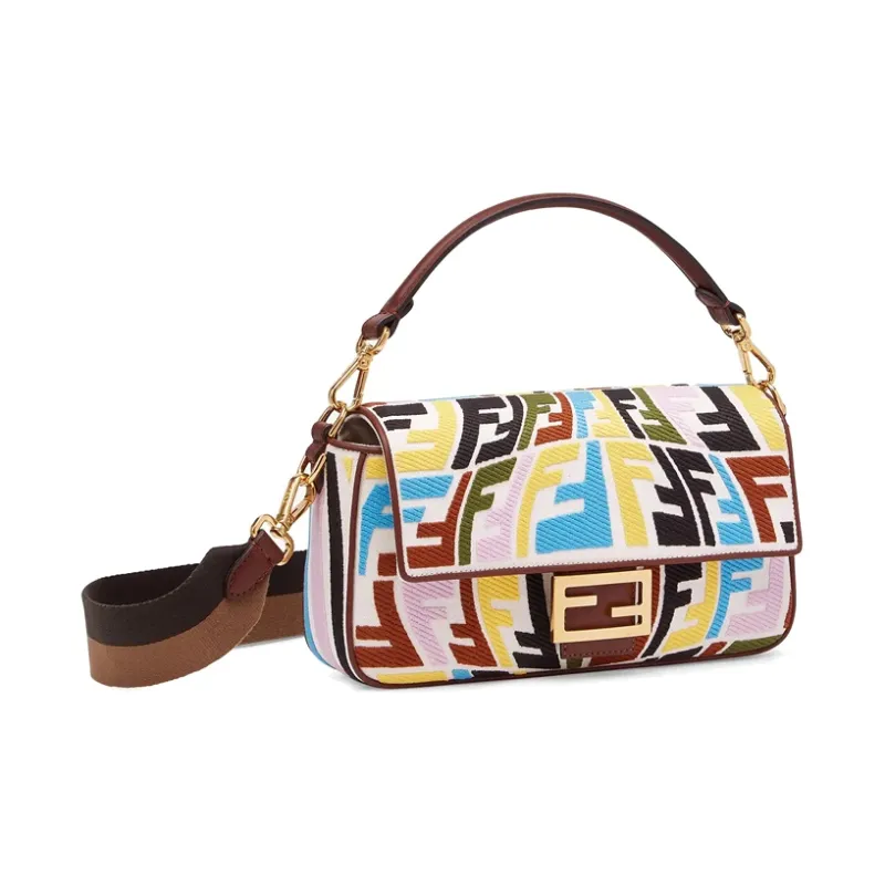 FENDI Baguette Canvas With Leather Shoulder Bag Crossbody Bag Handbag Medium Size Women's Brown/Multicolor-1
