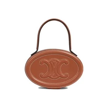 CELINE Cow Leather Makeup Bags Round Cake Pouch Handbags Regular Women's Tawny