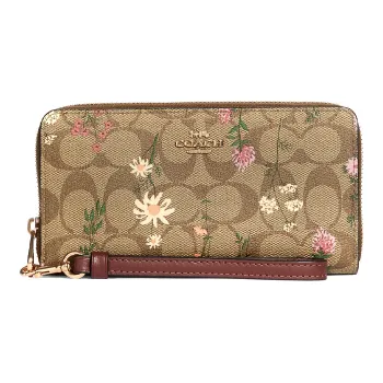 COACH Zip Around Canvas With Leather Wrist Bag Wallet Small Size Women's Khaki