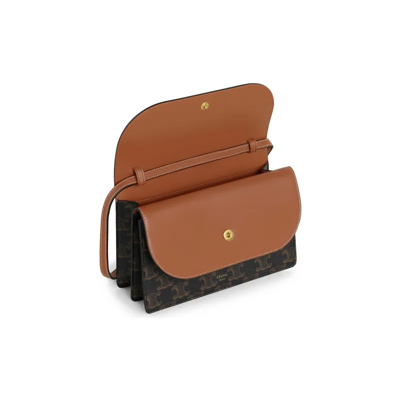 CELINE Triomphe Coated Canvas With Lambskin Trim Wallets Shoulder Bag Crossbody Bag Regular Women's Tawny-3