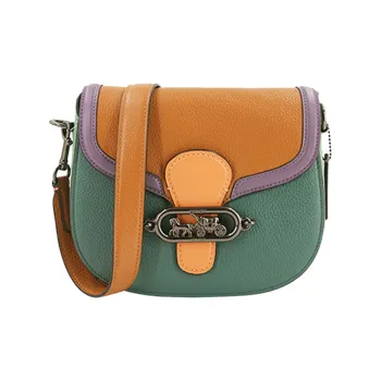 COACH Litchi Grain Leather Saddle Bag Crossbody Shoulder Bag Women's Brown Ink Green Purple