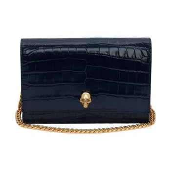 Alexander McQueen Crocodile Embossed Calfskin Shoulder Bag Small Size Women's Navy