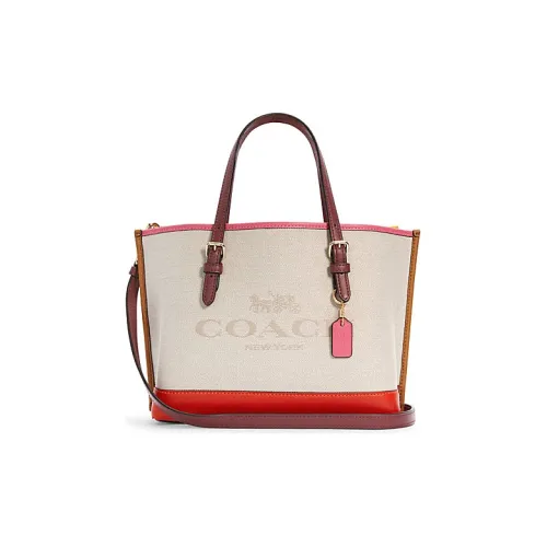 COACH Mollie Canvas With Leather tote MONO Bag Shopping Bag Women's Ecru & Red