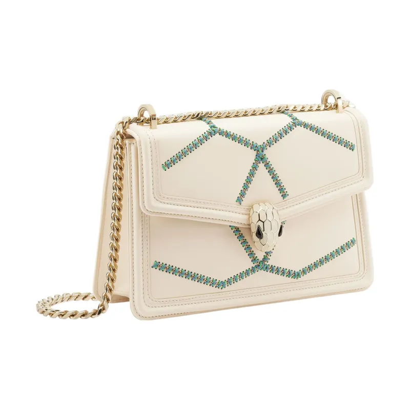 BVLGARI Serpenti Diamond Blast Calfskin With Embroidery Shoulder Bag Crossbody Bag Regular Women's Ivory White-1