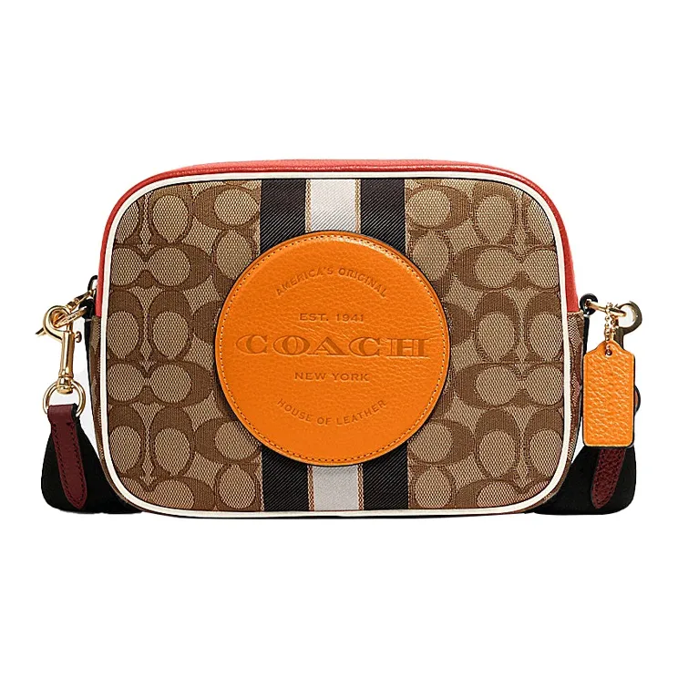 COACH Dempsey Canvas With Leather Camera Bag, Crossbody Bag, Shoulder Bag Women's Orange & Brown Monogram-0