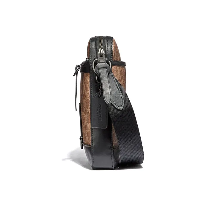 COACH Rivington Monogram Canvas With Leather Shoulder Bag, Crossbody Bag Small Size Men's Khaki Monogram & Black-1