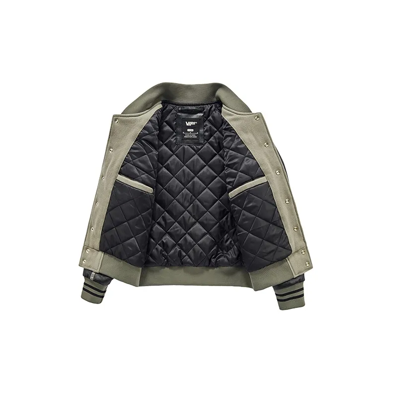 VIP Patchwork Leather Sleeves Wool Baseball Jacket Fleece Lined Puffer Jacket Unisex Black Gray Color-2