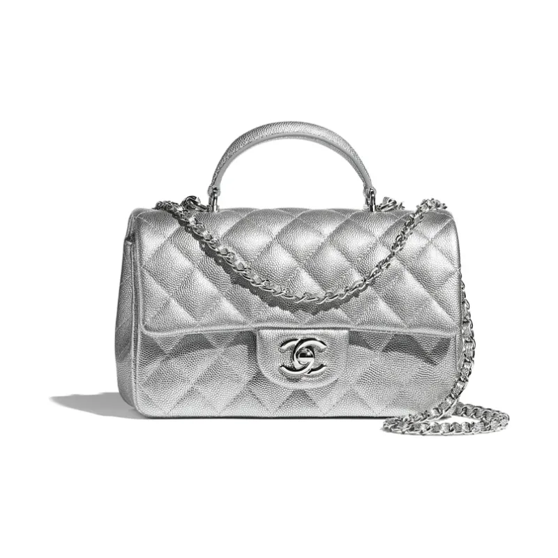 CHANEL Classic Flap CF Calfskin & Metal Crossbody One Shoulder Handbag Women's Silver-0