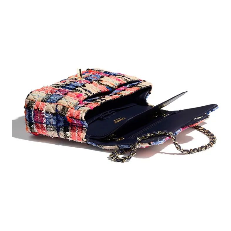 CHANEL Classic Flap CF Tweed Shoulder Bag Women's Blue & Beige & Orange-2