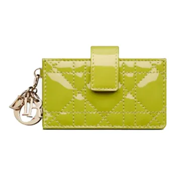 DIOR Lady Dior Patent Leather Cowhide Card Holder Coin Purse Women's Green Yellow