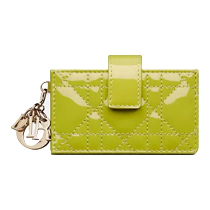 DIOR Lady Dior Patent Leather Cowhide Card Holder Coin Purse Women's Green Yellow-0
