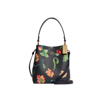 COACH Canvas With Leather Bucket Bag Portable Crossbody Bag Shoulder Bag Small Size Women's Black Floral Print