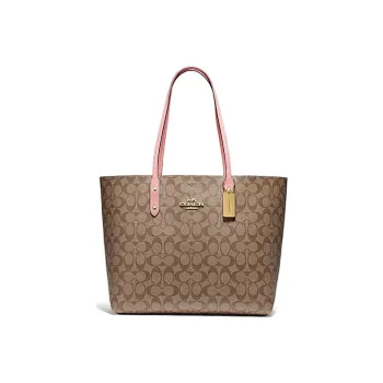 COACH Town Monogram Canvas With Leather Tote Bag Shopping Bag Handbag Shoulder Bags Women's Khaki/Pink