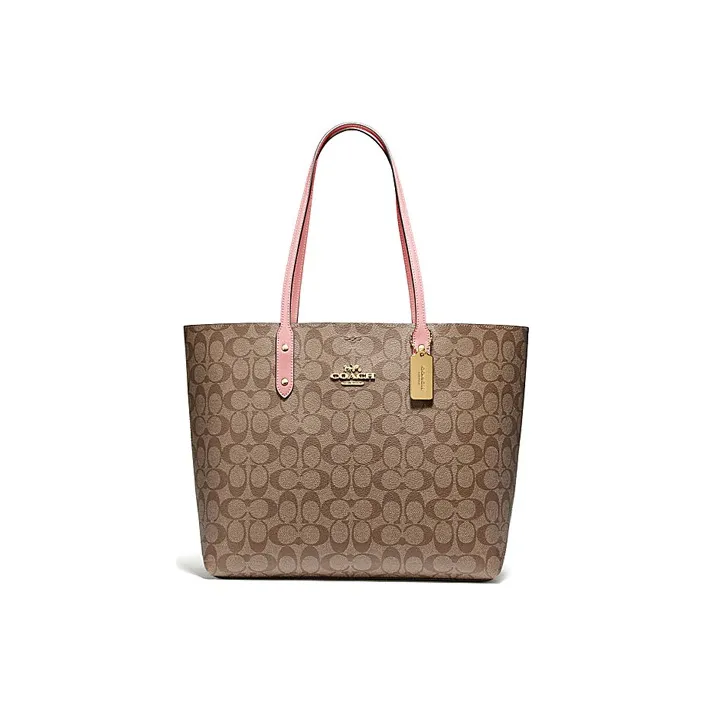 COACH Town Monogram Canvas With Leather Tote Bag Shopping Bag Handbag Shoulder Bags Women's Khaki/Pink-0