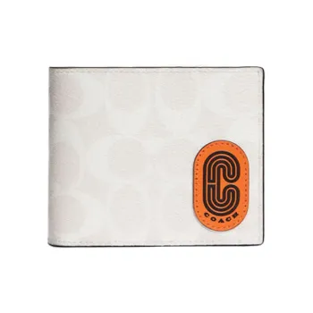 COACH 3 IN 1 Wallet Canvas With Calfskin Wallet Mini Men's White & Candy Orange