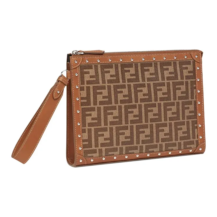 FENDI Cotton Zip Bag Clutch Mini Women's Brown-1