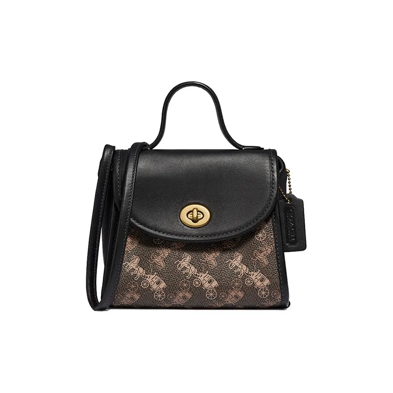 COACH Turnlock Canvas With Leather Handbag Shoulder Bag Crossbody Bag Small Size Women's Brown & Black-0