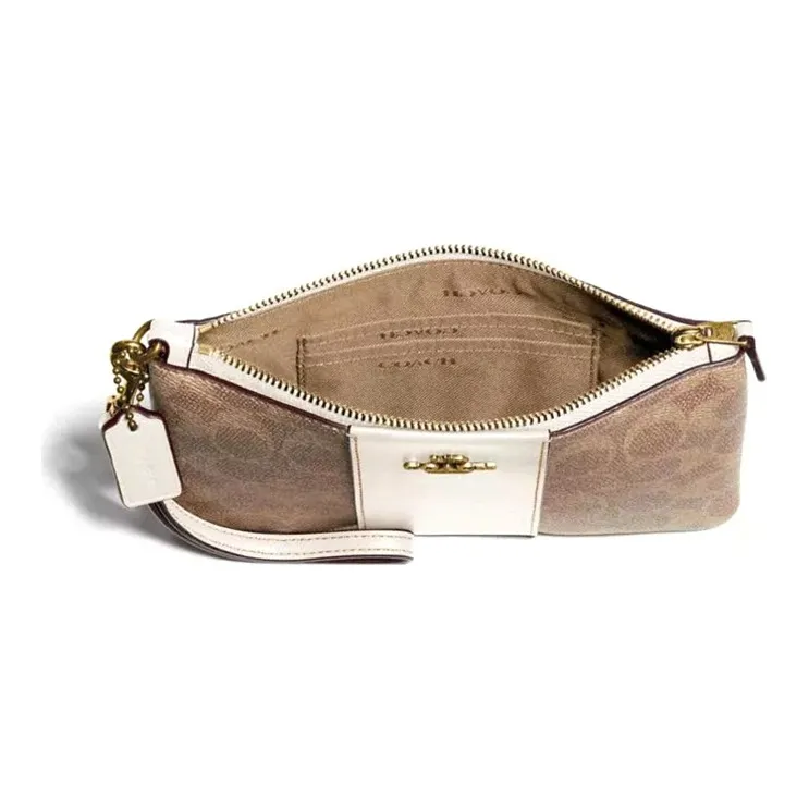 COACH Wristlet Canvas With Leather Handheld Wrist Bag Pochette Small Size Women's White & Brown Monogram-2