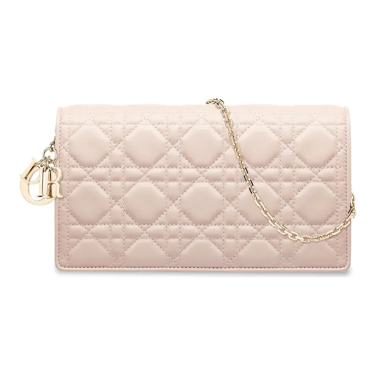 DIOR Lady Dior Lambskin Chain Clutch Women's Gray Pink-0