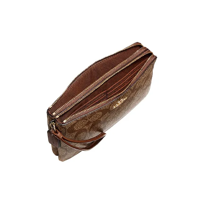 COACH Double Zip Wallet Canvas With Leather Wrist Bag Mahjong Bag Clutch Small Size Women's Brown Monogram-2