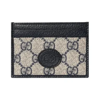GUCCI Suede Patchwork Leather Card Clip Card Holder Men's Blue/Beige