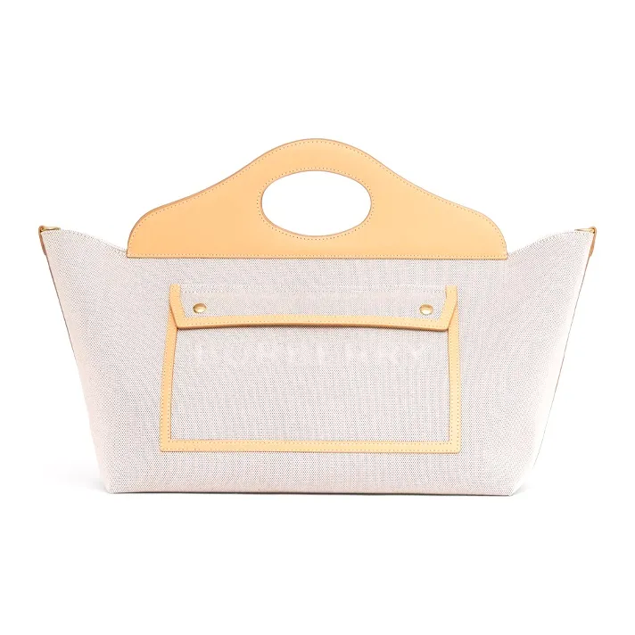 Burberry Canvas With Leather Tote Bag Shopping Bag Pocket Handbag Medium Size Women's Soft Yellow Brown/Warm Sand-0