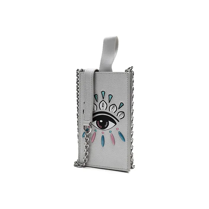 KENZO Cow Leather Chain Cell Phone Pouch Shoulder Bag Crossbody Bag Women's Silver-1