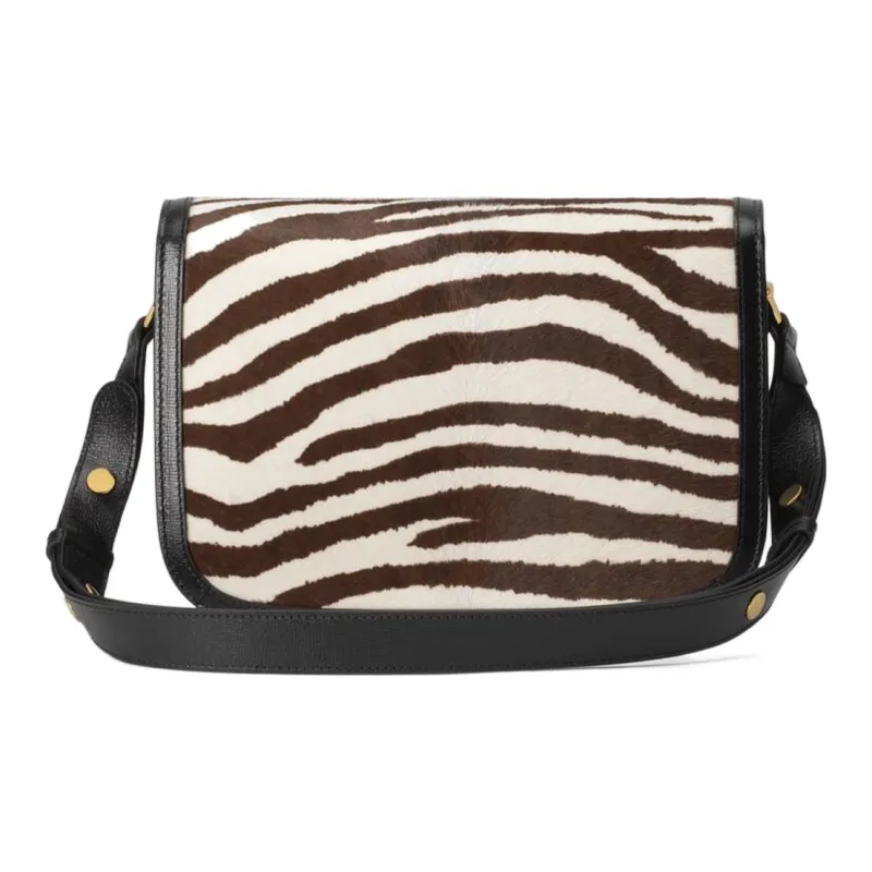 GUCCI Horsebit 1955 Calf Hair Patchwork Leather Saddle Bag Crossbody Shoulder Bag Small Size Women's Brown & White-3