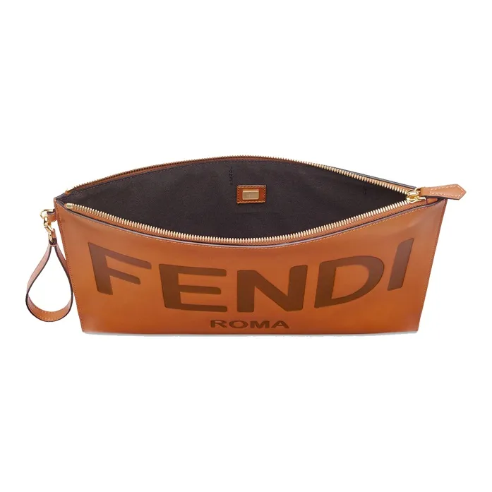FENDI Calfskin Clutch Large Size Women's Brown-2